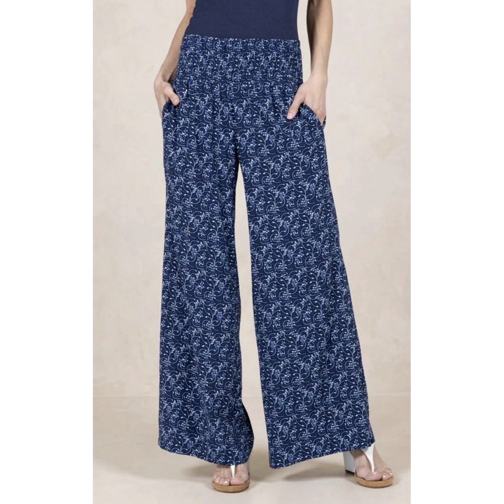 KiraGrace Women’s Portofino Travel Pant Blue Vines Wide Leg Size L Pockets EUC